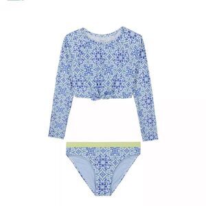 Roxy 2-pc. Fresco Tile Crop Rash Guard Set, Blue bonneT, Size 14, NWT